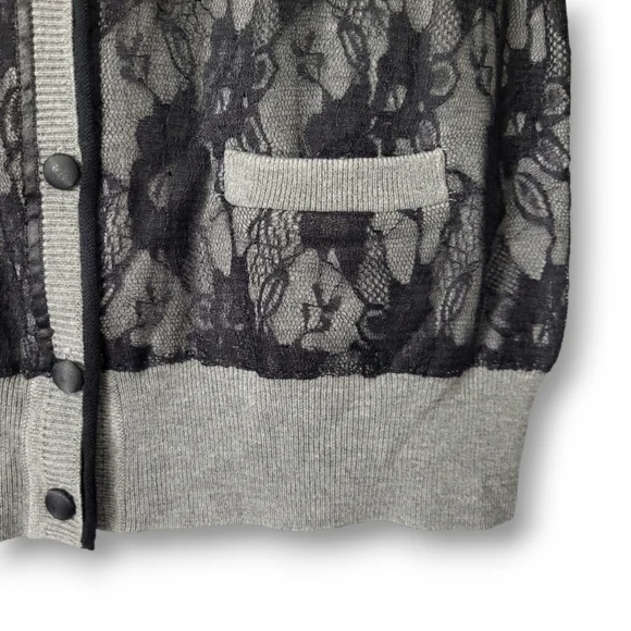 Sharagano Grey Black Lace Button Up, Long Sleeve Cardigan Sweater, M - Picture 4 of 6